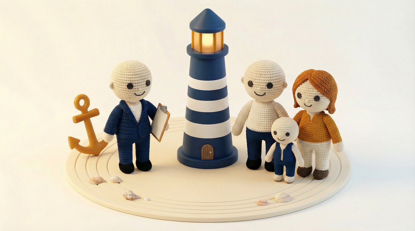 A licensed Stone Harbor insurance agent with a family beside a lighthouse — your safe harbor for coverage